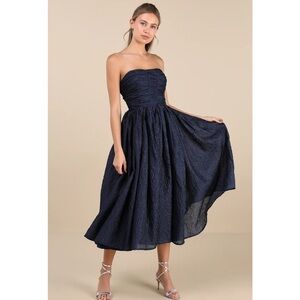 Lulus Analeia Dary Navy Jacquard Lace-Up Strapless Midi Dress NWT Small